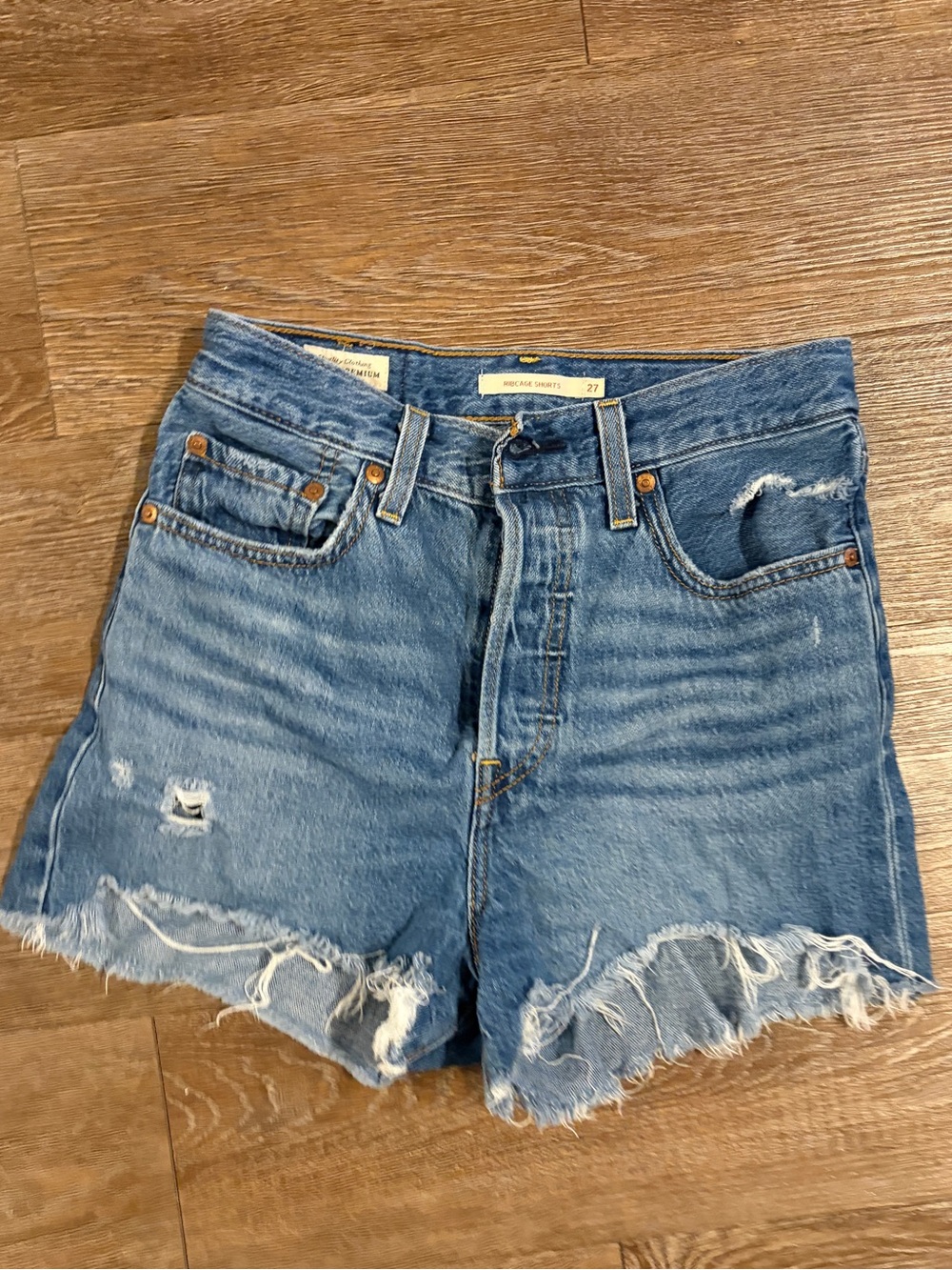 Levi's Light Blue Distressed High-Rise Denim Shorts